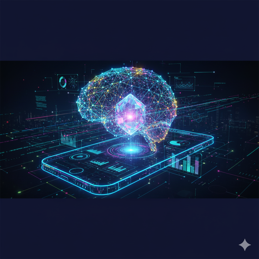 AI-driven software consulting visual with data flows and network nodes